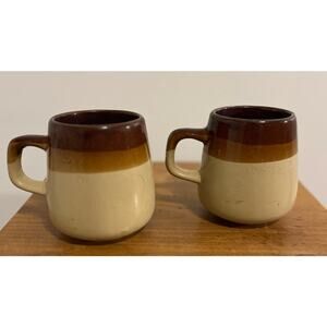 Vintage Tri Color Stoneware Brown Glazed Pottery Mugs Set